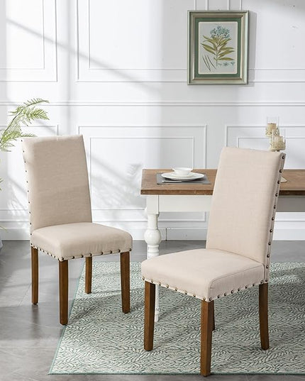 Upholstered Parsons Dining Chair with Nailhead Trim and Sturdy Solid Wood Legs, Set of 4, Cream - LeafyLoom