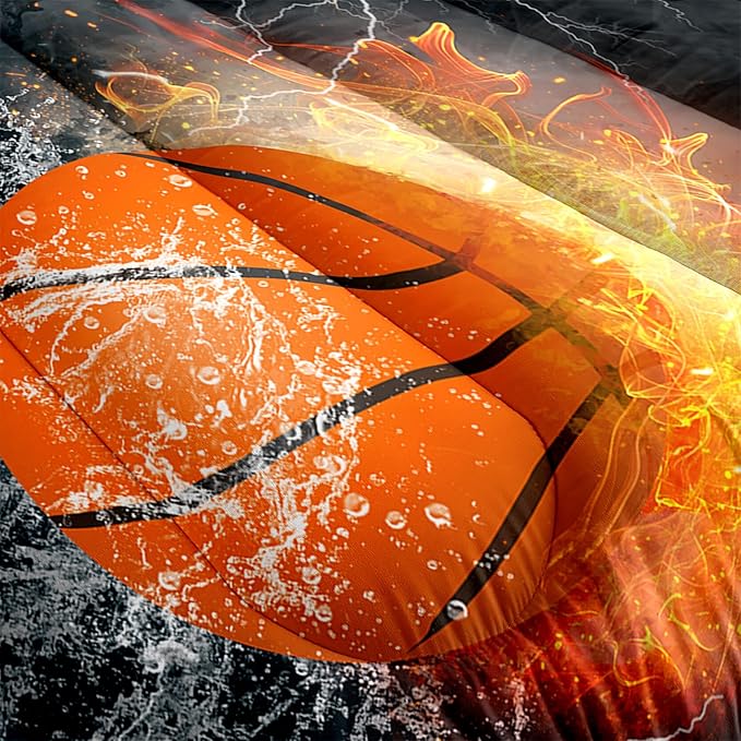 Basketball Comforter Set Full Size, Sports Basketball Bedding Boys Comforter Sets for Bedroom Fire Ice Basketball Theme Room Decor for Teen Boys, 1 Comforter 2 Pillowcase - LeafyLoom
