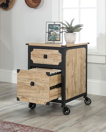 Sauder Steel River L-Shaped Desk, L: 59.84" x W: 57.32" x H: 29.53", Milled Mesquite Finish & Steel River Pedestal File Cabinet, L: 20.87" x W: 23.86" x H: 26.58", Milled Mesquite Finish - LeafyLoom