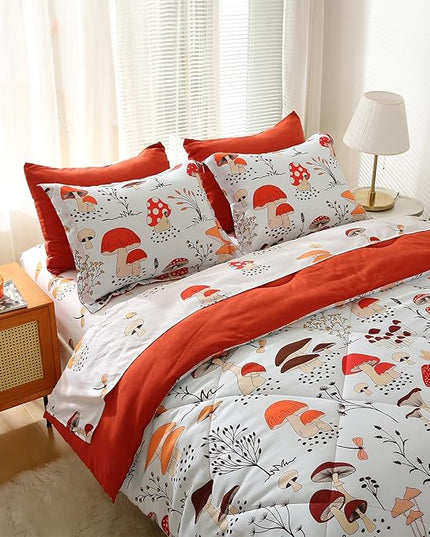 Mushroom Comforter Set Twin Size for Boys Girls Kids Teens 7 Piece Butterfly Flower Bedding Set Bed in a Bag (1 Comforter, 1 Flat Sheet, 1 Fitted Sheet, 2 Pillow Shams, 2 Pillowcases) - LeafyLoom