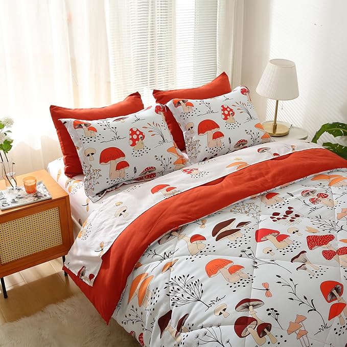Mushroom Comforter Set Twin Size for Boys Girls Kids Teens 7 Piece Butterfly Flower Bedding Set Bed in a Bag (1 Comforter, 1 Flat Sheet, 1 Fitted Sheet, 2 Pillow Shams, 2 Pillowcases) - LeafyLoom