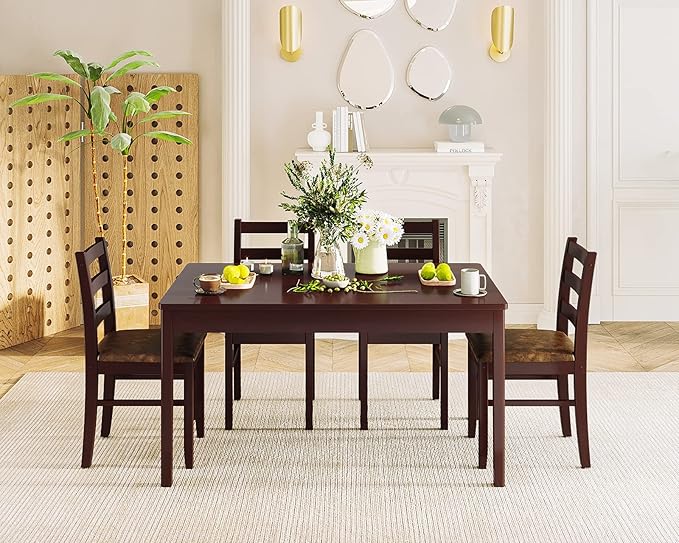 KKL Dining Table Set for 4, Malaysian Oak Kitchen Table and Chairs for Home and Apartment, 5-Piece Farmhouse Wood Kitchen and Dining Room Table Set, Easy Assembly - LeafyLoom