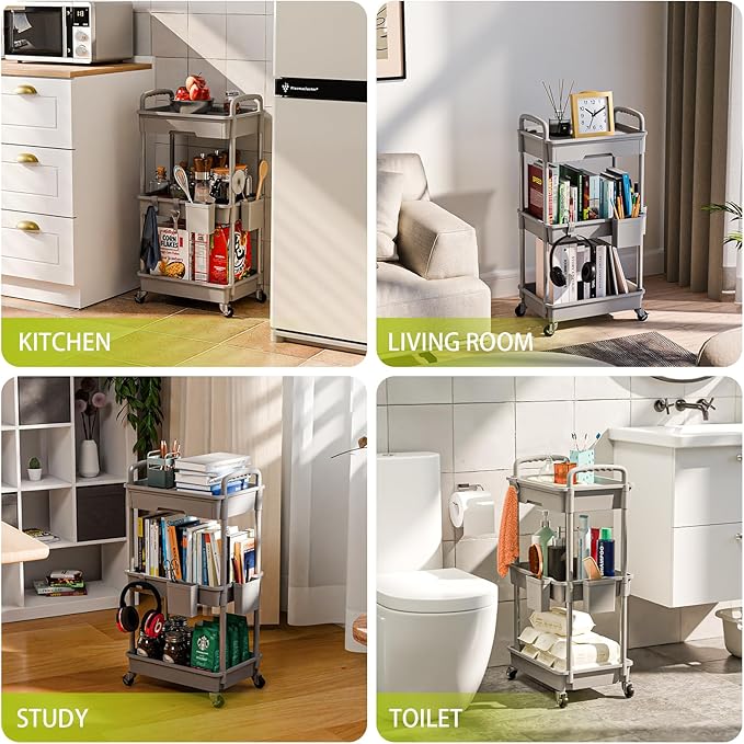 3 Tier Small Rolling Cart Organizer,Laundry Room Bathroom Organizers and Storage Office Shelves Mobile Shelving Unit Kitchen Trolley Cart with Wheels for Art,Craft,Diaper,Bedside,Snack(Grey) - LeafyLoom