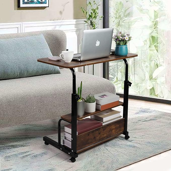 Adjustable Height Mobile Computer Desk for Small Space Rolling Writing with Wheels Corner Home Office Study Portable Bedrooms Work Storage Size 31.5x15.7 Inch Oak, (A-1) - LeafyLoom