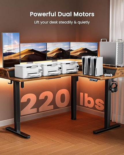 ErGear 65″ L Shaped Standing Desk for Gaming, [3 Drawers & 2 Cable Management Trays] Corner Stand up Desk w/Monitor Shelf Height Adjustable for Home Office, Vintage Brown - LeafyLoom