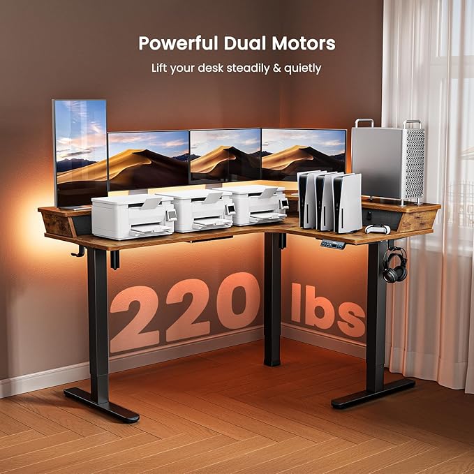 ErGear 65″ L Shaped Standing Desk for Gaming, [3 Drawers & 2 Cable Management Trays] Corner Stand up Desk w/Monitor Shelf Height Adjustable for Home Office, Vintage Brown - LeafyLoom