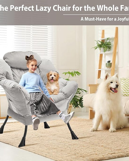 Lazy Chair Thick Padded, Accent Chair Velvet Upholstered with Wide Seat, Stable Metal Frame and Non-Slip Pad, Modern Sofa Armchair with Side Storage Bag for Dorm, Room, Office, Light Gray - LeafyLoom
