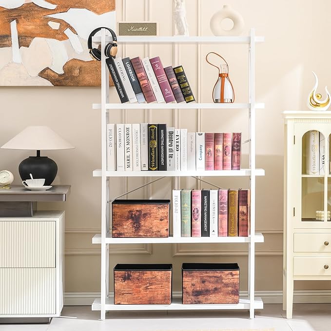 HCHQHS Bookshelf, 5-Tier Industrial Bookcase, White Open Book Shelf, Freestanding Tall Bookshelves with Metal Frame - LeafyLoom