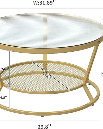 O&K FURNITURE Round Gold Coffee Table, 2-Tier Coffee Table for Living Room, Gold Glass Coffee Table with Ring-Shaped Frames, Center Table for Home&Office, Gold Finish - LeafyLoom