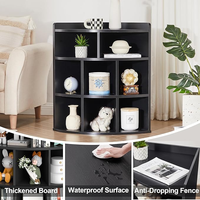 Vecelo 3-Tier Corner Cabinet with 8 Cubbies, Wooden Cube Storage Organizer, Modern Corner Bookshelf Units for Bedroom, Living Room, Study Room, Black - LeafyLoom