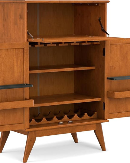 SIMPLIHOME Draper SOLID HARDWOOD Mid Century Modern 32 inch Wide Bar Cabinet in Teak Brown for The Living room, dining room and kitchen - LeafyLoom