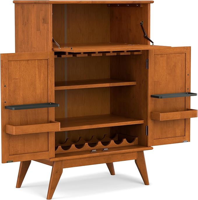 SIMPLIHOME Draper SOLID HARDWOOD Mid Century Modern 32 inch Wide Bar Cabinet in Teak Brown for The Living room, dining room and kitchen - LeafyLoom