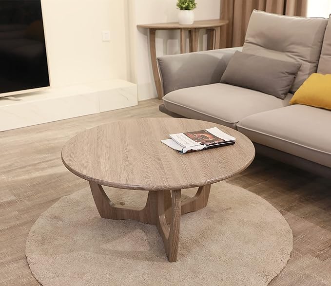 FINECASA Wooden Round Coffee Table Curved Leg, Accent Couch,Home Decoration, Living Room Tables, 36 x 18 Inches, Natural - LeafyLoom