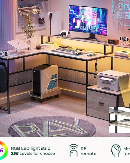 L Shaped Desk with Drawers, 66" Home Office Desk with Power Outlet and Led Strip, Reversible Computer Desk with Storage Shelves & Monitor Stand, Large Corner Desk Gaming Desk, Grey - LeafyLoom