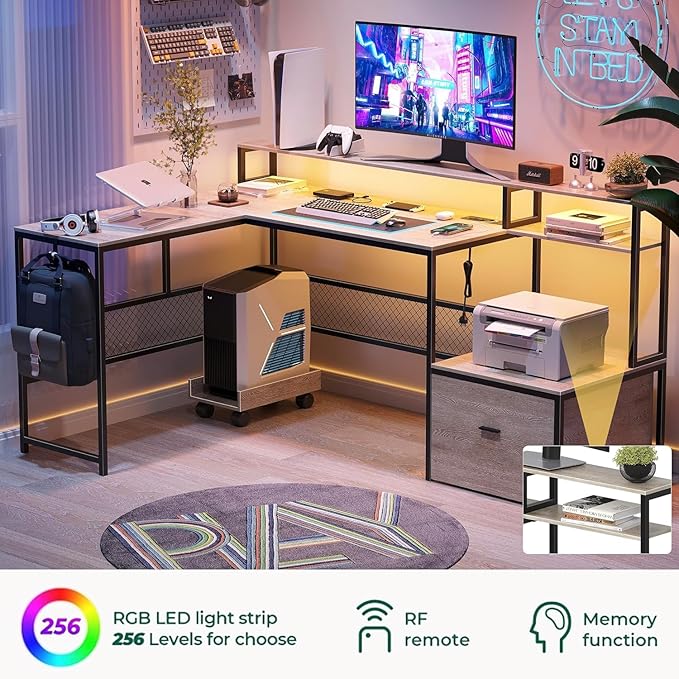 L Shaped Desk with Drawers, 66" Home Office Desk with Power Outlet and Led Strip, Reversible Computer Desk with Storage Shelves & Monitor Stand, Large Corner Desk Gaming Desk, Black - LeafyLoom