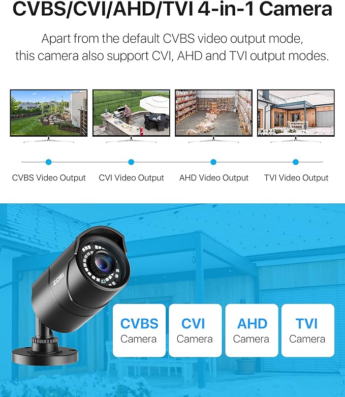 ZOSI 1080P 1920TVL Security Camera Outdoor Indoor,Hybrid 4-in-1 TVI/CVI/AHD/960H CVBS Bullet Cam for Analog Home Office Surveillance DVR CCTV System,IP67 Weatherproof,120ft IR Night Vision,Black ZOSI