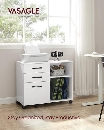 VASAGLE Lateral File Cabinet, Home Office Printer Stand, with 3 Drawers and Open Storage Shelves, for A4, Letter-Size Documents, White, 15.7”D x 31.5”W x 26”H - LeafyLoom