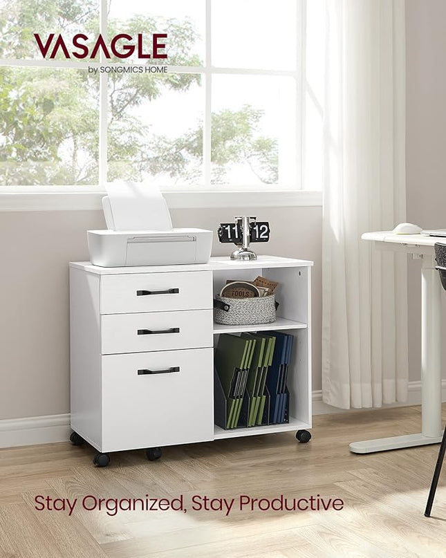 VASAGLE Lateral File Cabinet, Home Office Printer Stand, with 3 Drawers and Open Storage Shelves, for A4, Letter-Size Documents, White, 15.7”D x 31.5”W x 26”H - LeafyLoom