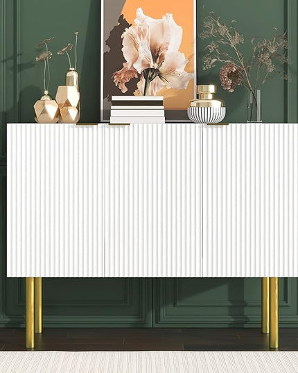 Modern Simple Sideboard with Particle Board & MDF,Luxury Style Buffet Cabinet,W/Gold Metal Legs and Handles,Adjustable Shelves,for Kitchen,Dining Room,White, 47.2" - LeafyLoom