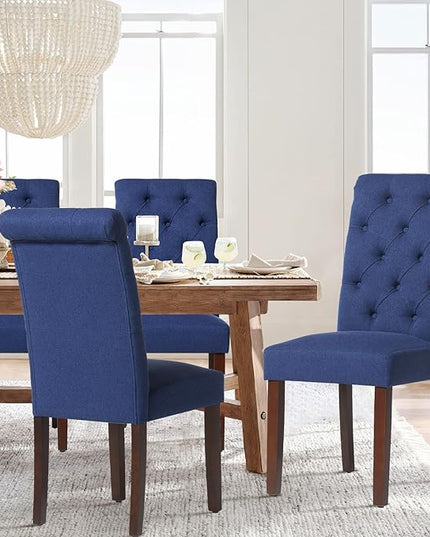 COLAMY Button Tufted Dining Chairs Set of 6, Parsons Upholstered Fabric Dining Room Chairs Kitchen Chairs with Wood Legs and Padded Seat, Dark Blue - LeafyLoom