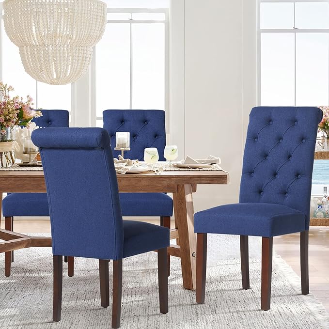COLAMY Button Tufted Dining Chairs Set of 6, Parsons Upholstered Fabric Dining Room Chairs Kitchen Chairs with Wood Legs and Padded Seat, Dark Blue - LeafyLoom