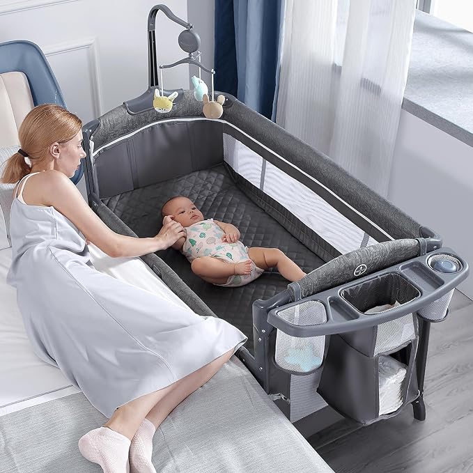 BabyBond Baby Bassinet Bedside Crib, Pack and Play with Sheet, Diaper Changing Table and Music Mobile from Newborn to Toddles, Portable Large Playard - LeafyLoom
