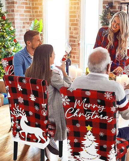 U'Artlines Christmas Chair Covers Set of 6, Removable Washable Merry Christmas Dining Chair Seat Covers Stretch Protector Slipcovers for Dining Room Kitchen Holiday Party Decor, Red Buffalo Plaid UArtlines