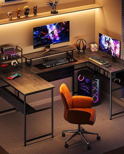 79” U Shaped Desk with Power Outlets, Reversible L Shaped Gaming Desk with Storage Shelves, Large Corner Computer Desk with Monitor Stand, 2 Person Desk for Home Office, Grey Black - LeafyLoom