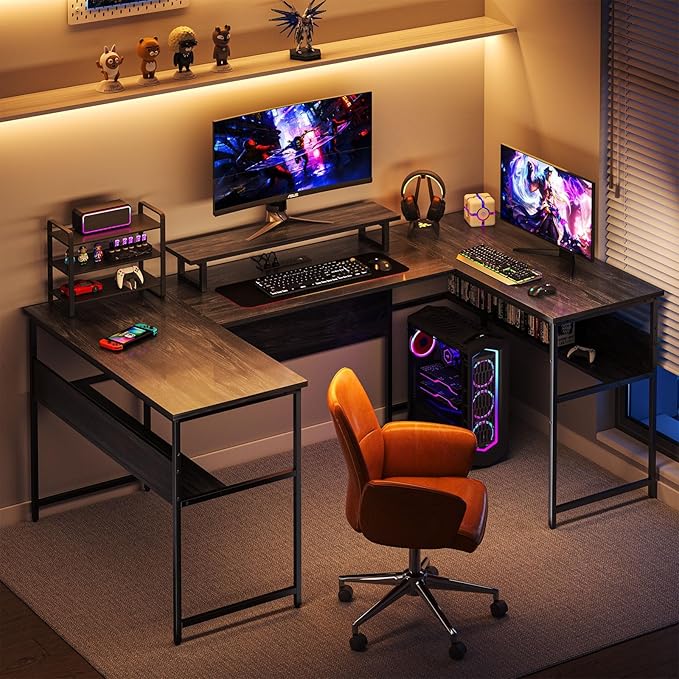 79” U Shaped Desk with Power Outlets, Reversible L Shaped Gaming Desk with Storage Shelves, Large Corner Computer Desk with Monitor Stand, 2 Person Desk for Home Office, Grey Black - LeafyLoom
