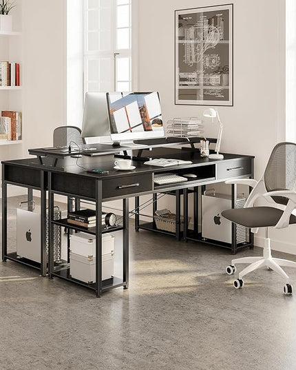 ODK Computer Desk with Drawers & Power Outlet, 55 Inch Office Desk with Keyboard Tray & Storage Shelves & PC Stand, Office Table Work Desk with Monitor Stand, Black - LeafyLoom