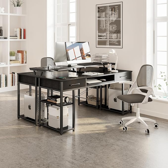 ODK Computer Desk with Drawers & Power Outlet, 55 Inch Office Desk with Keyboard Tray & Storage Shelves & PC Stand, Office Table Work Desk with Monitor Stand, Black - LeafyLoom