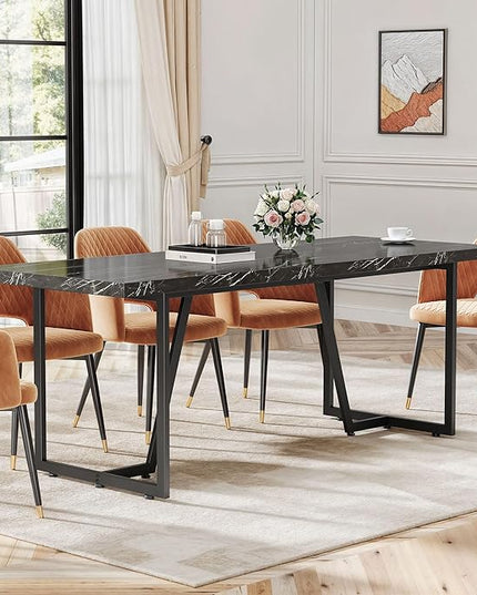 DWVO 82.6'' Large Modern Dining Table for 8-10 People, Rectangular Black Kitchen Dining Room Table with Faux Marble Tabletop and Geometric Metal Legs, Wood Dinner Tables for Family Gathering - LeafyLoom