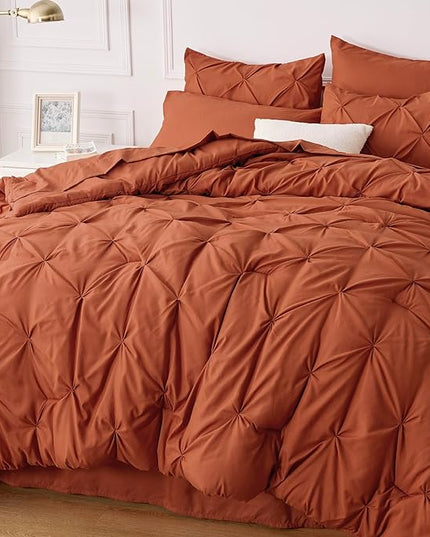 Bedsure Cal King Size Comforter Sets - 7 Pieces Pintuck California Bed Set, Orange in a Bag with Comforter, Sheets, Pillowcases & Shams - LeafyLoom