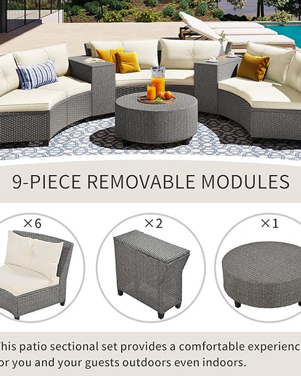 Outdoor 9 Pieces Patio Furniture Half Moon Wicker Sofa Sets, Fan-Shaped Curved Sectional Couch with Coffee Table&Beige Cushions, 1, Gray Rattan - LeafyLoom