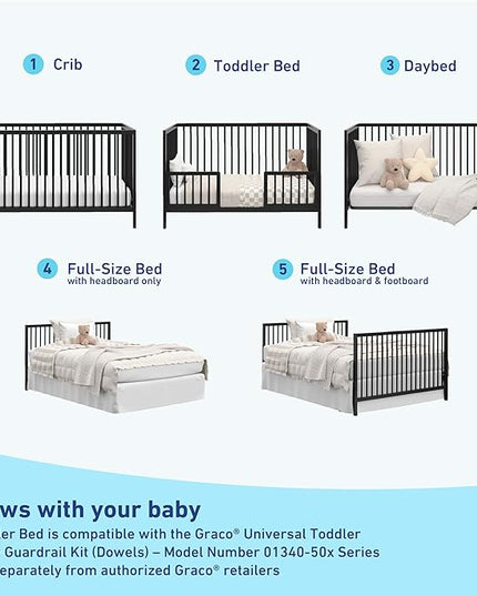 Graco Teddi 5-in-1 Convertible Crib (Black) – GREENGUARD Gold Certified, Converts to Daybed, Toddler & Twin Bed with Headboard and Footboard, Adjustable Mattress Height - LeafyLoom