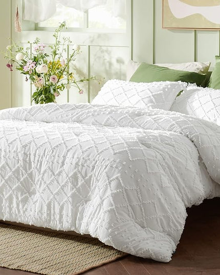 Bedsure Full Size Comforter Set - White Comforter, Boho Tufted Shabby Chic Bedding Comforter Set, 3 Pieces Vintage Farmhouse Bed Set for All Seasons, Fluffy Soft Bedding Set with 2 Pillow Shams - LeafyLoom
