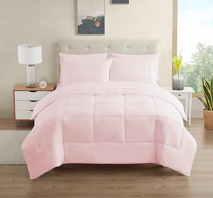 Dorm Room Essentials College Bedding Comforter Set 5 Piece Twin XL Size Bed in a Bag for College Students Boys and Girls, Twin XL, Pale Pink - LeafyLoom