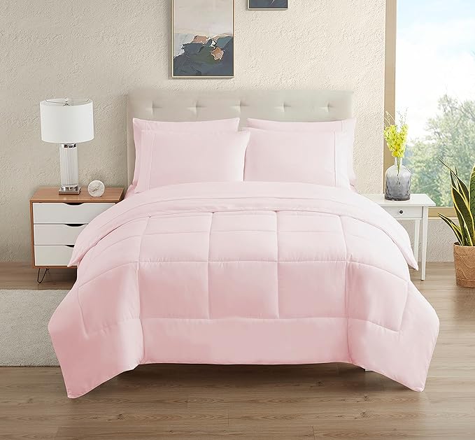 Dorm Room Essentials College Bedding Comforter Set 5 Piece Twin Size Bed in a Bag for College Students Boys and Girls, Twin, Pale Pink - LeafyLoom