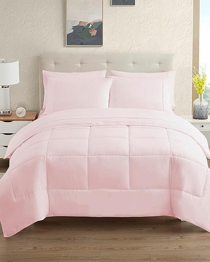 Dorm Room Essentials College Bedding Comforter Set 7 Piece Full Size Bed in a Bag for College Students Boys and Girls, Full, Pale Pink - LeafyLoom