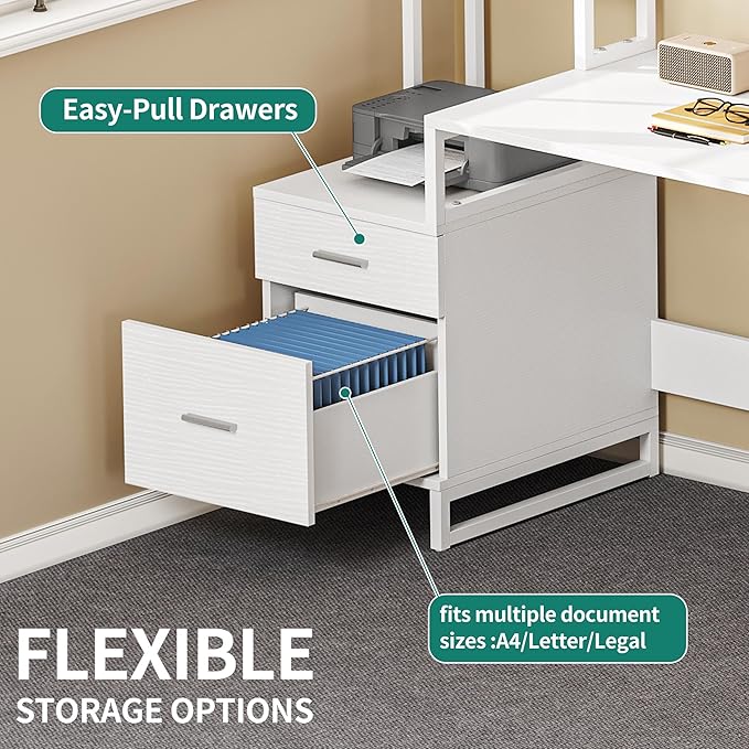 YITAHOME L Shaped Desk with Power Outlets & Hutch, Computer Desk with Drawers & LED Lights, Reversible Corner Office Desk with Printer Stand for Home Office, White - LeafyLoom