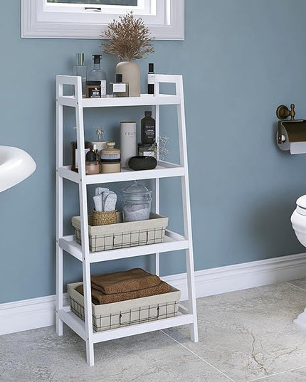SMIBUY Ladder Shelf, 4 Tier Bamboo Bookshelf, Bathroom Storage Organizer Plant Display Stand, Freestanding Open Shelving Unit with Handles for Home Office (White) - LeafyLoom