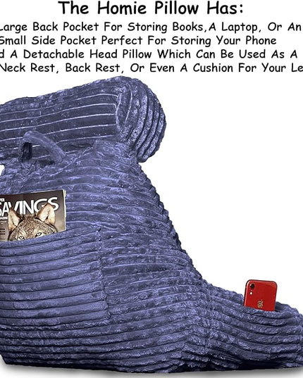 Homie Reading Pillow with Reading Light and Wrist Support, Has Arm Rests, and Back Support for Bed Rest, Lounging, Reading, Working on Laptop, Watching TV (Large, Blue) - LeafyLoom