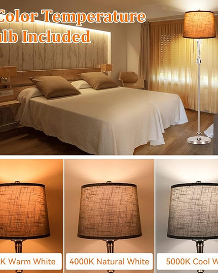 Dott Arts Tall Floor Lamp for Living Room Bedroom, 3 Color Temperature Standing Lamp with Grey Linen Shade, Modern Floor Lamp with 9W LED Bulb, Elegant Nickel Finish Reading Floor Lamps, Foot Switch - LeafyLoom