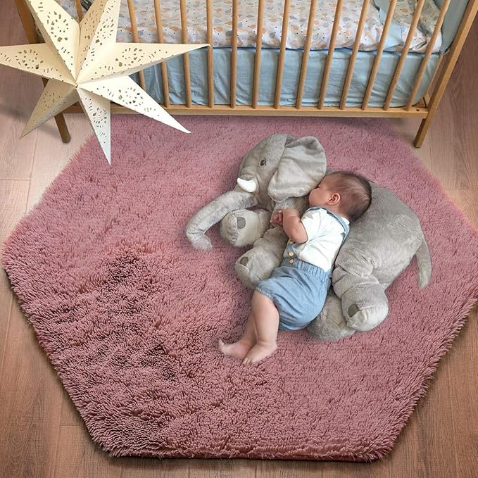 junovo Ultra Soft Rug for Nursery Children Room Baby Room Home Decor Dormitory Hexagon Carpet for Playhouse Princess Tent Kids Play Castle, Diameter 4.6 ft, Blush - LeafyLoom
