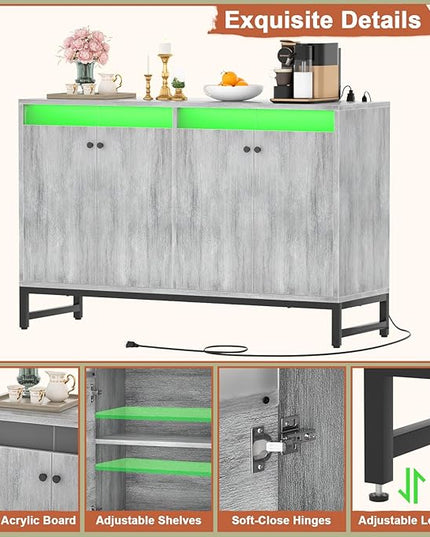 Aheaplus Sideboard Buffet Cabinet with Power Outlet, Kitchen Storage Cabinet with LED Light & Doors, Accent Cabinet Cupboard Buffet Table with Storage for Dining Room, Living Room, Hallway, White Oak - LeafyLoom