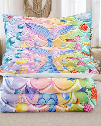 NINENINE Mermaid Tail Bedding Mermaid Comforter Set,Blue Glitter Bedding Full Comforter Sets for girls,Rainbow Scales Bedding Sets with 1Comforter 2Pillowcases - LeafyLoom