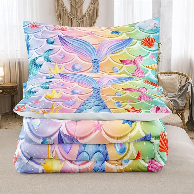 NINENINE Mermaid Tail Bedding Sets,Mermaid Comforter Rainbow Bedding,Twin Comforter Sets for Girls,Blue Glitter Comforter Sets with 1Comforter 1Pillowcase - LeafyLoom
