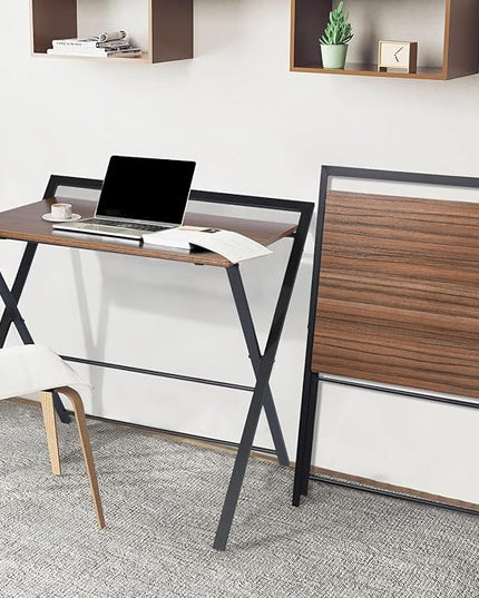 Folding Desk, Foldable Table Space Saving Computer Sturdy Writing Table Workstation for Home Office with Metal Frames/Wood Top Laptop, No Assembly Required, Brown - LeafyLoom