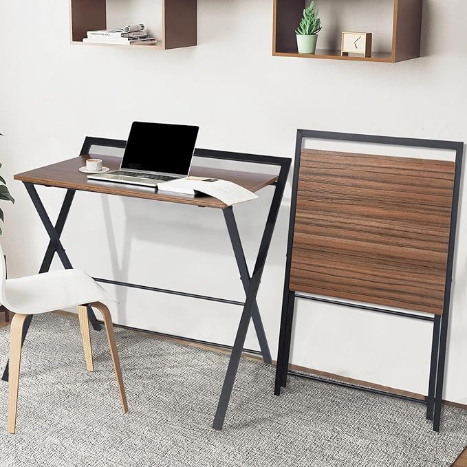 Folding Desk, Foldable Table Space Saving Computer Sturdy Writing Table Workstation for Home Office with Metal Frames/Wood Top Laptop, No Assembly Required, Brown - LeafyLoom