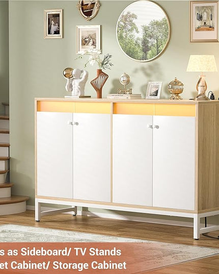 Aheaplus Sideboard Buffet Cabinet with Power Outlet, Kitchen Storage Cabinet with LED Light & Acrylic Doors, Accent Cabinet Cupboard Console Table for Dining Room, Kitchen, Hallway, Natural - LeafyLoom